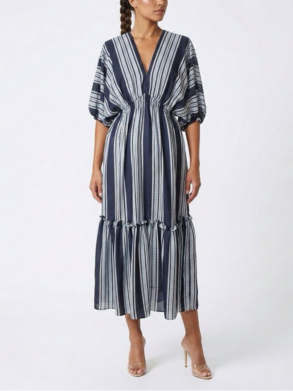 Taylor Size 16 Navy White Stripe Midi Dress Tiered Puff Sleeve V Neck